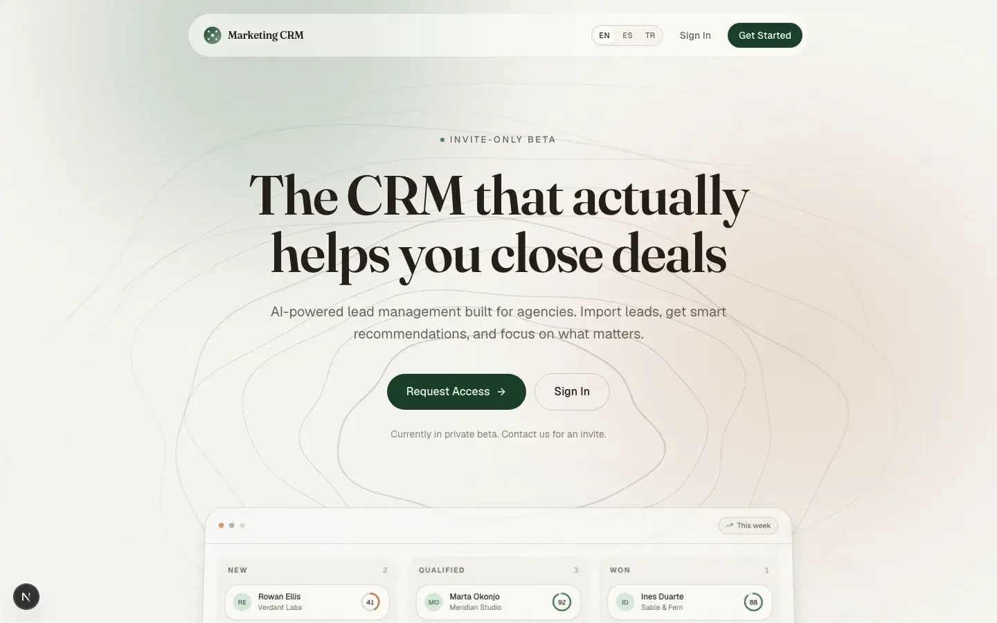 Marketing CRM landing page and pipeline preview